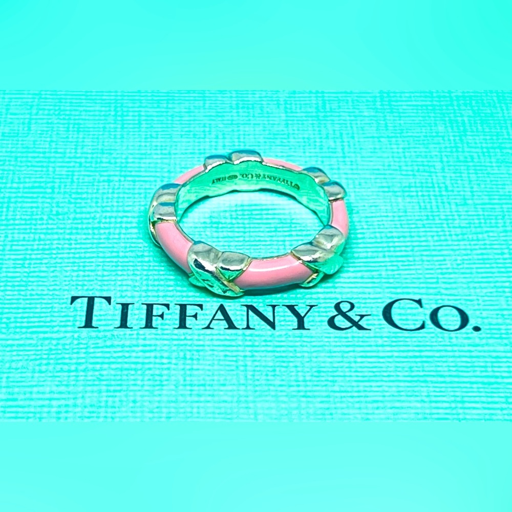 Tiffany & Co Silver Pink Enamel Signature X Stack Band Ring Sz 5.25 Pouch Box